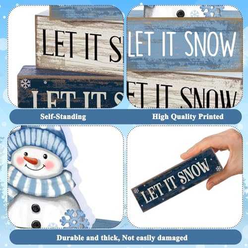 Lineshading 4 Pcs Wooden Snowman Table Decoration, Let It Snow Signs
