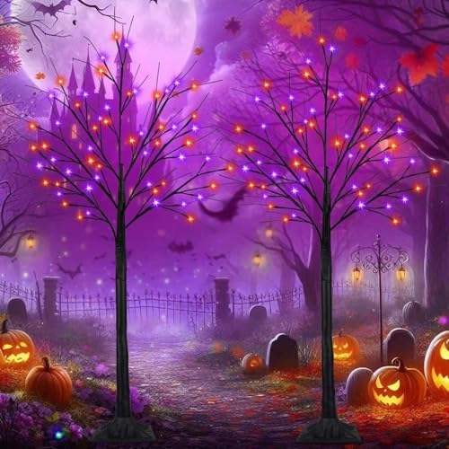 2 Pack 5FT Black Halloween Tree with 200 LED Orange and Purple Lights