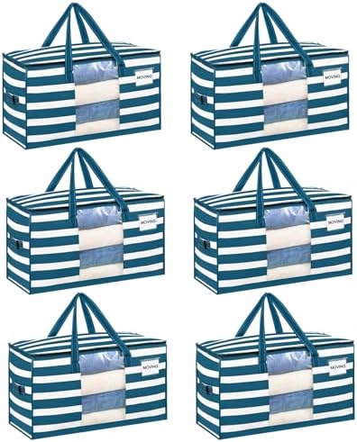 VENO Moving Bags, Wide Open Top, Clear Window, Classic Navy Stripe, 6 Pack