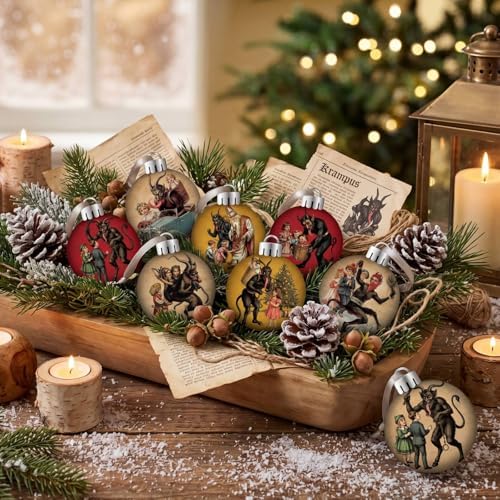 Outus 16 Pcs Vintage Krampus Christmas Ornaments for Tree Vintage Krampus Folklore Decorations Xmas Scary Ball Horror Gothic Dark Christmas Tree Hanging Signs for Home Fireplace Holiday Party Decor