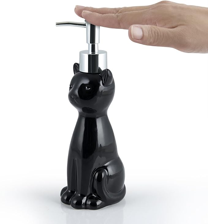Allure Home Creation Cat 3-Piece Black Ceramic Toilet Brush Holder with White Plastic Brush and Soap Dispenser Set-Black