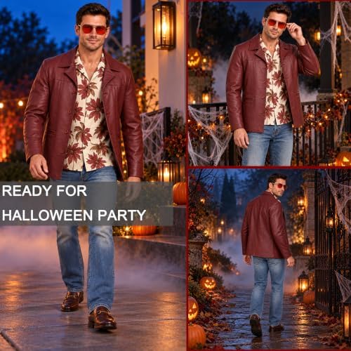Red Leather Jacket Men with Glasses Halloween Costumes for Men