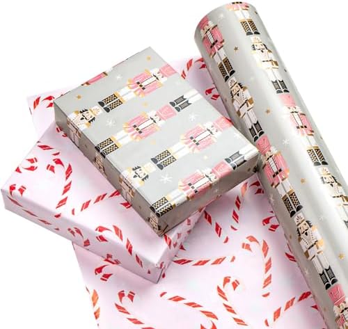 WRAPAHOLIC 30 Inch Jumbo Reversible Nutcracker Christmas Wrapping Paper - 30 Inch x 100 Feet Jumbo Roll Nutcracker and Candy Cane Design Printed on Pearlized Paper for Chrsitmas, Holiday, Party