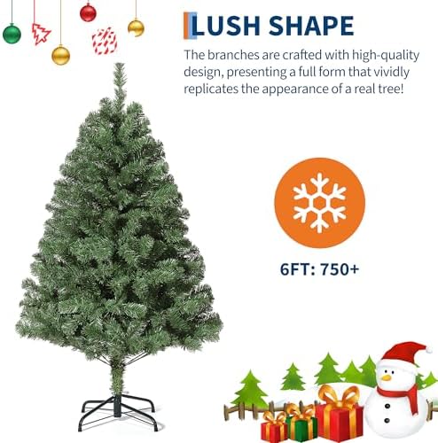 6FT Artificial Christmas Tree with 750 Branch Tips, Hinged Spruce Design & Metal Foldable Base, Easy Assembly Holiday Decoration for Home, Green