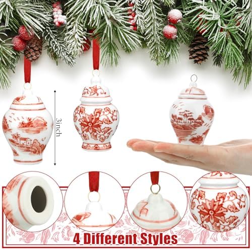 Peryiter 12 Pcs Red Ginger Jar Christmas Ornaments, Mini Hanging Decor