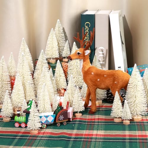 30Pcs Mini Christmas Trees Artificial Christmas Tree Bottle Brush Trees with Wooden Base for Christmas Decor Christmas Party Home Table Craft Decorations(Beige)