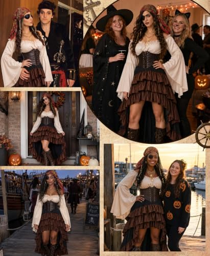 YOGFIT 14 Pcs Pirate Costume Women Set with Renaissance Pirate Shirt, Skirt, and Multiple Pirate Accessories
