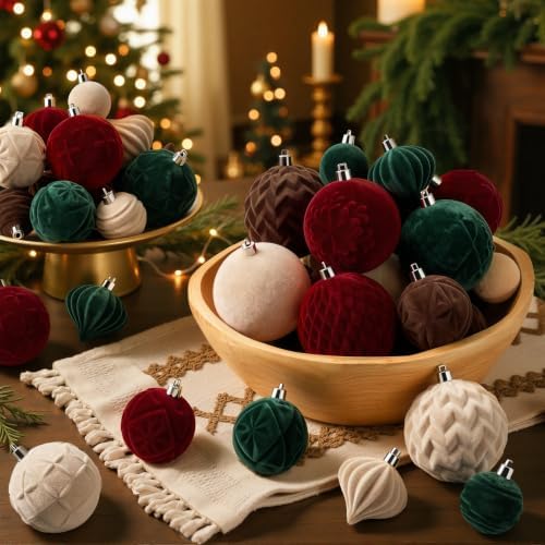 SHareconn 80pcs Velvet Christmas Tree Balls Ornaments Set Decorations Red