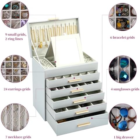 BOOVO Jewelry Boxes for Women, White and Black 6 Layer Large Jewelry Box for Necklace, Bracelet, Earrings, Rings Storage, Jewelry holder Organizer for Girls Gift (Grey and Gold, 6 layer)
