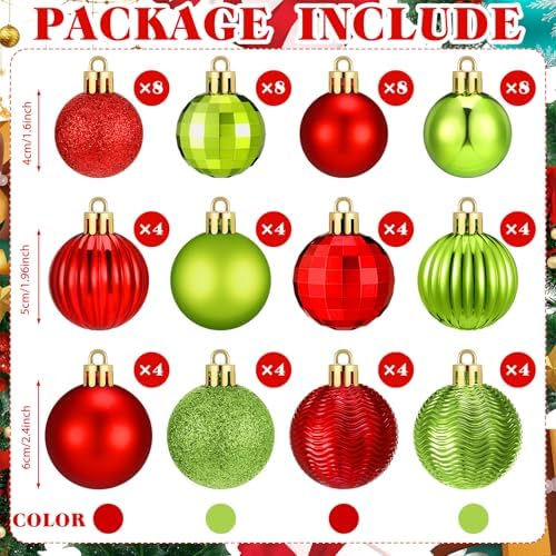 Lunmon 64 Pcs Lime Green and Red Christmas Ball Ornament Green Xmas Bulbs
