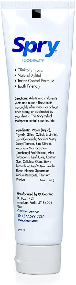 Spry Natural Fluoride Free Xylitol Toothpaste, 5oz Spearmint (Pack of 2) | Gentle for Sensitive Teeth Whitening and Remineralizing, Bad Breath Freshening, Dry Mouth Moisturizing, for Adults and Kids