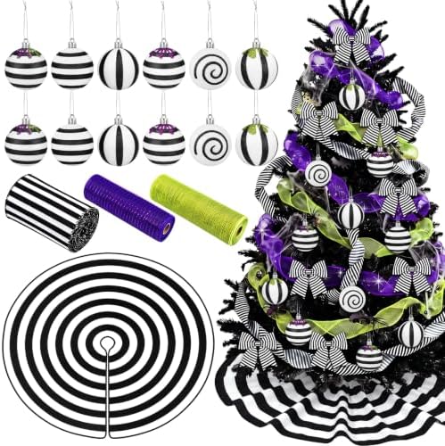 22 Pcs Halloween Tree Skirt Black White Striped Ornament Nightmare Decor