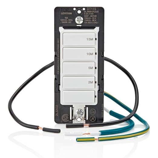 Leviton Countdown Timer Switch for bathroom fan and household lights, 2-5-10-15 min, No Neutral Required, Single Pole, 15A, 1/2 HP/9.8A Fan/Motor, DT115-1LW, White