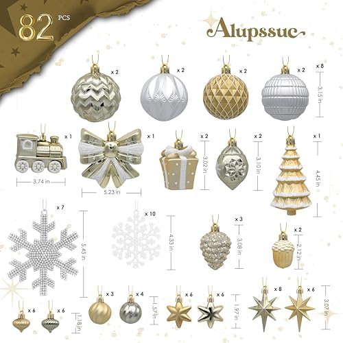 Alupssuc 82pcs Classic Christmas Balls Ornaments Set, White and Gold