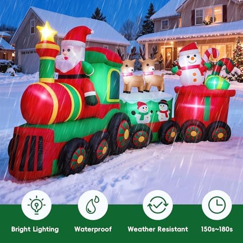 Thuodo 11 FT Long Christmas Inflatables Train with Santa Claus Reindeer Snowman Outdoor Decorations Blow Up Yard with Built-in LEDs for Lawn Garden Holiday Indoor Party Decor