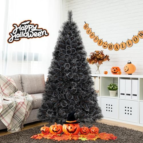 HAPPYGRILL 7 FT Pre-lit Black Christmas Tree, Artificial Halloween Tree w/572 Branch Tips, Frosted Pine Needles, 320 White LED Lights, Folding Metal Stand & Gloves, Hinged Xmas Tree for Carnival