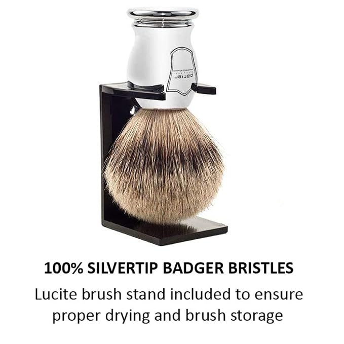 Parker 100% SILVERTIP Badger Shaving Brush – Chrome Handle & Stand – Premium 3-Band Badger Bristles for Smooth, Luxurious Lather