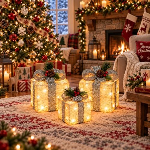 Set of 3 Lighted Gift Boxes, Warm White Indoor Christmas Decor