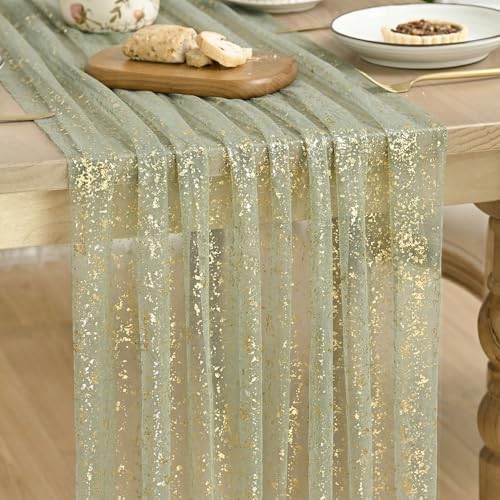 Artoid Mode Sage Green Gold Gauze Table Runner 59x120 Inch 10FT, Glitter Metallic Foil Sheer Dining Wedding Anniversary Holiday Birthday Table Decor for Home Party