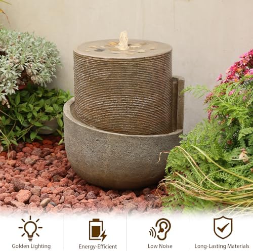 Sunlinua 18H Modern Outdoor Water Fountain with Led Lights Tiered Cascading Waterfall Feature with Quiet Pump Floor Water Fountain for Patio Garden Backyard Decking Home and Indoor Décor Brown Brown