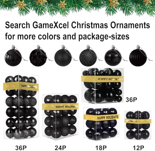 Black Christmas Ornaments - Christmas Tree Decorations Shatterproof Hanging Balls for Birthday Wedding Holiday Decor Set of 36pcs, Multi-Sizes(1.6",2.5",3.2")