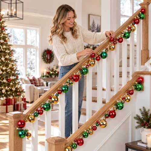 Whaline 2Pcs Christmas Ball Garland, Shatterproof, Red Green Gold, 6 Ft