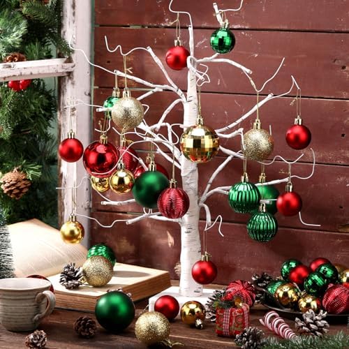Lunmon 64 Pcs Christmas Ball Ornaments for Christmas Tree Glitter Red Gold Green Ball Ornament Hanging Christmas Decoration Assorted Size Christmas Ornament for Party Supplies, 1.6/1.97/2.4 Inch