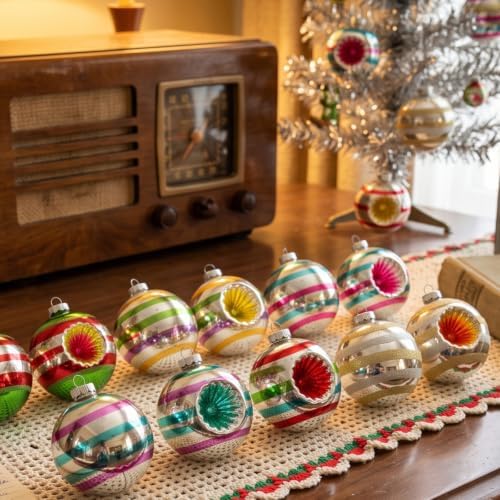 Junkin 12 Pcs Vintage Glass Christmas Ornaments,Hanging Decor, Stripes 1