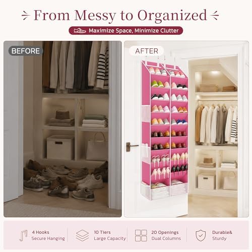 Criusia Over the Door Shoe Organizer, 20-30 Pairs Heavy-Duty Hanging Shoe Storage with Large Pockets, 10-Tier Door Shoe Rack with 4 Hooks for Sneakers Sandals Heels Boots (Pink)
