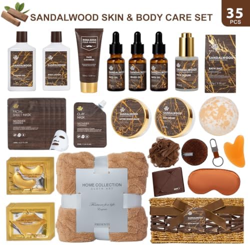 Gifts for Men, 35 Pcs Sandalwood Bath & Body Gifts Basket, Get Well Soon