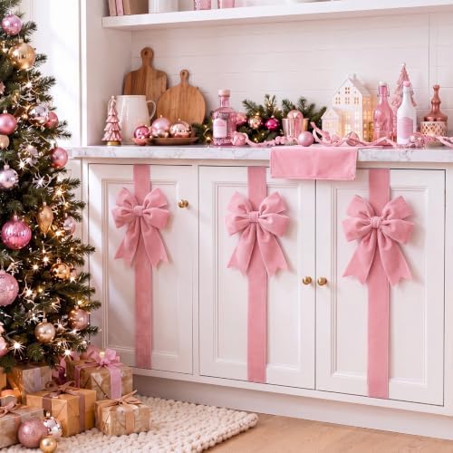 Daifunli 6 Pcs Pink Velvet Christmas Cabinet Bows Ribbons for Kitchen
