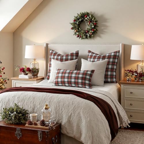 MIULEE Christmas Plaid Pillow Covers Scottish Tartan 12x20 Red and White