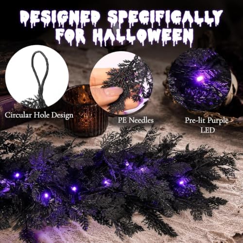 Pre-Lit Halloween Garland 9FT Decorations Black Real Touch Cedar Cypress Pine Plant Artificial Halloween Garland with Lights for Mantle, Fireplace, Table, Stairs, Door, Indoor Outdoor Decorations