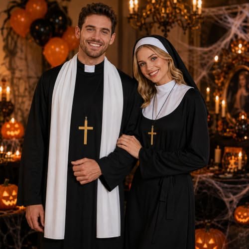 Priest and Nun Couple Costume for Adults Include Robes Stole Socks Glasses Necklaces for Halloween Dress Up