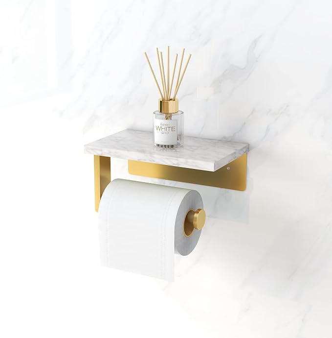 Brushed Gold Toilet Paper Holder with Natural Marble Shelf, 304 Stainless Steel Screw Wall Mounted, Tissue Roll Paper Holder Dispenser for Bathroom Washroom