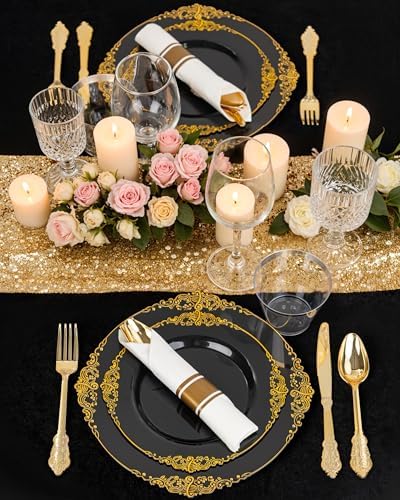 Nervure 175Pcs Black Plastic Plates, Disposable Party Plates for 25 Guests