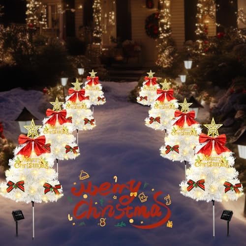 Christmas Tree Solar Pathway Lights Outdoor Decor, 4 Pack, White
