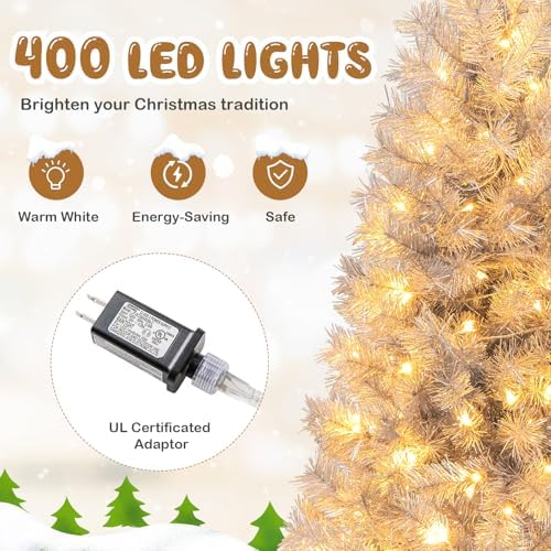 HAPPYGRILL 7 FT Pre-Lit Christmas Tree Silver Tinsel Artificial Xmas Tree with 807 Branch Tips, 400 Warm White LED Lights, Upgraded Metal Stand, Hinged Decoration Tree, Festive Celebration Tree
