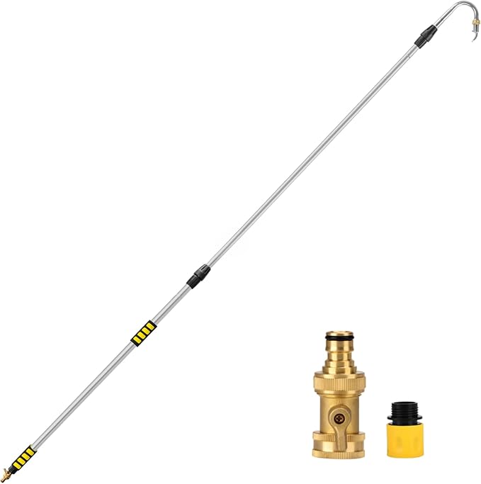 20FT Reach Gutter Cleaning Tools from Ground, 12FT Telescoping Gutter Cleaning Wand with 360° Rotating Metal Nozzle, Brass Valve, Hose Attachment for Garden Hose