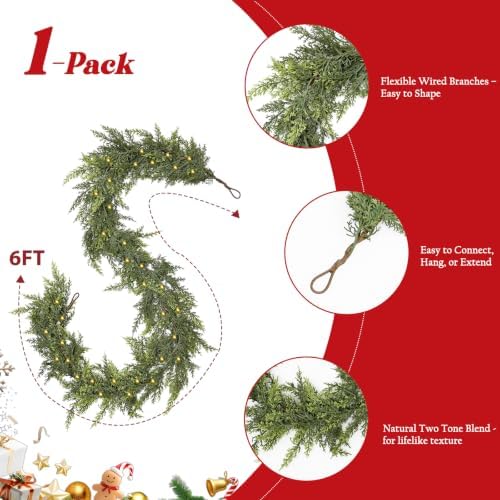 6FT Christmas Garland with Lights, Real Touch Cedar Garland
