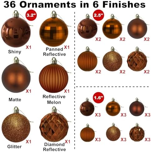 Bronze Christmas Ornaments - Christmas Tree Decorations Shatterproof Hanging Balls for Birthday Wedding Holiday Decor Set of 36pcs, Multi-Sizes(1.6",2.5",3.2")