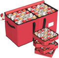 Winpull Christmas Ornament Storage Box with 8 Trays, Christmas Storage Container for 128-3'' Holiday Ornament Decorations, Large Xmas Organizer with Adjustable Dividers, Dual Zipper and Pocket - Red