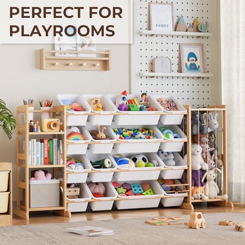 Toy Storage Organizer with Bookshelf and Stuffed Animal Storage - Playroom Organization with 3 Shelves and 16 Bins - Living Room Box for Lego - Bedroom Decor Essential