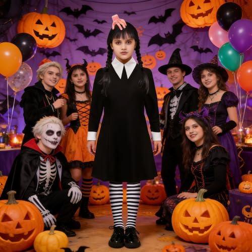 6pcs Girls Halloween Costume Kids Long Sleeve Black Cosplay Dress