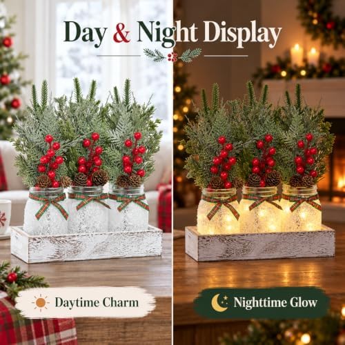 Mason Jar Christmas Centerpieces for Tables, Winter Xmas Table Decorations