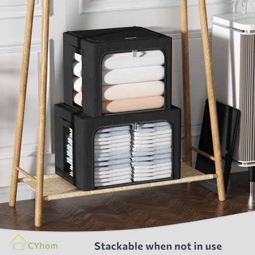 Clothes Storage Bins with Metal Frame, Clear Windows, 66L, Black, 2-Pack