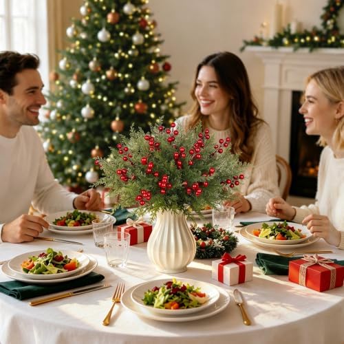 6 Bundles Artificial Christmas Flowers, Norfolk Pine Stems with Red Berries