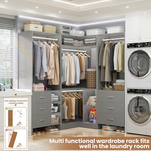 Aheaplus Closet System with 6 Drawers, 4 Hanging Rods & Corner Tower, Corner Closet System with Hanging, 86.8" L-Shaped Walk-In Wardrobe Organizer, 2000+ lbs Capacity, Set of 3, Grey