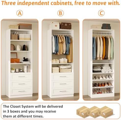 Closet System with 3 Sets, 6–15 FT Closet Organizer System with 6 Drawers, 9 Shelves & 5 Rods, Walk-In Modular Closet System, Custom Built-In Closet Kit, White