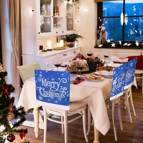 CCINEE 4pcs Christmas Chair Covers for Dining Rooms,Blue Holiday Chair Slipcovers for Kitchen Wedding Xmas Party Table Decor Winter Christmas Chair Back Covers